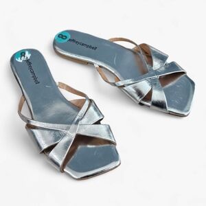 JEFFREY CAMPBELL Metallic Silver Leather Strappy Square Toe Slide Sandals 8M